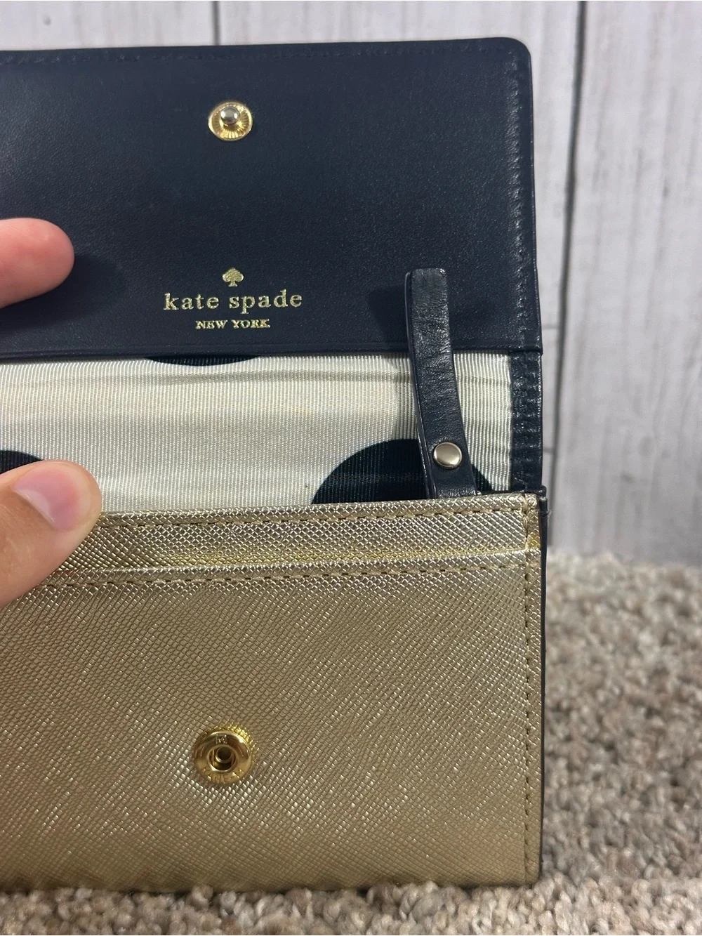 Kate Spade New York Champagne Trifold Wallet w/ Black Polka Dots